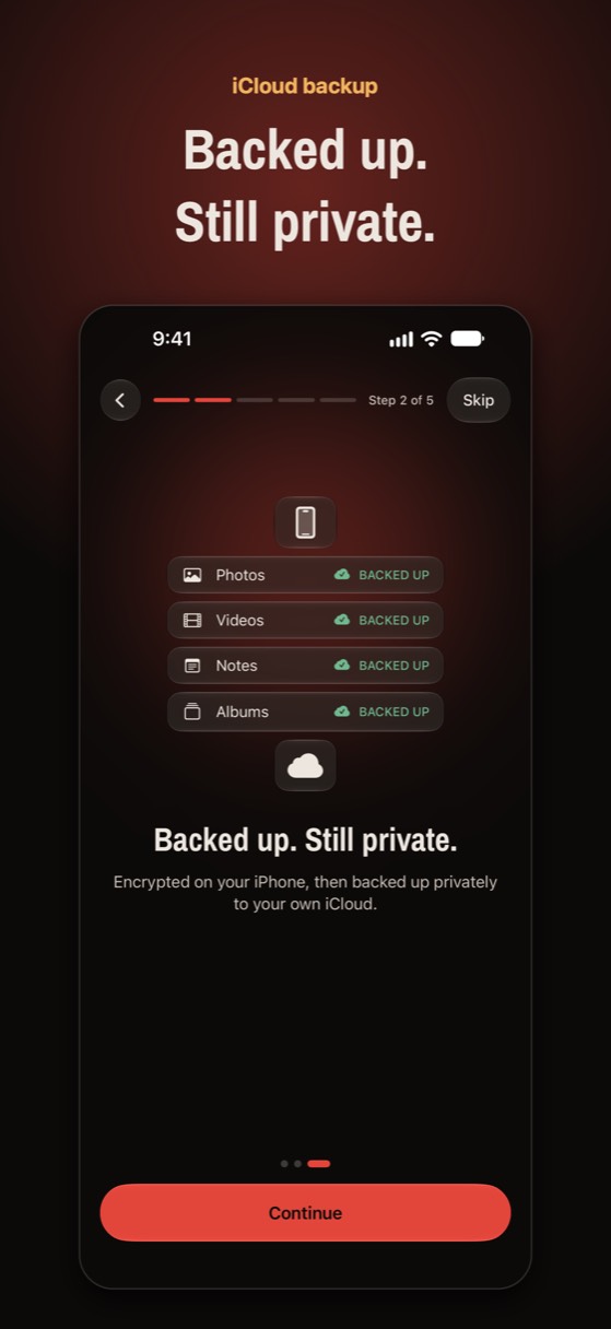 Noxium's backup screen: the vault is encrypted on the iPhone and backed up privately to the user's iCloud
