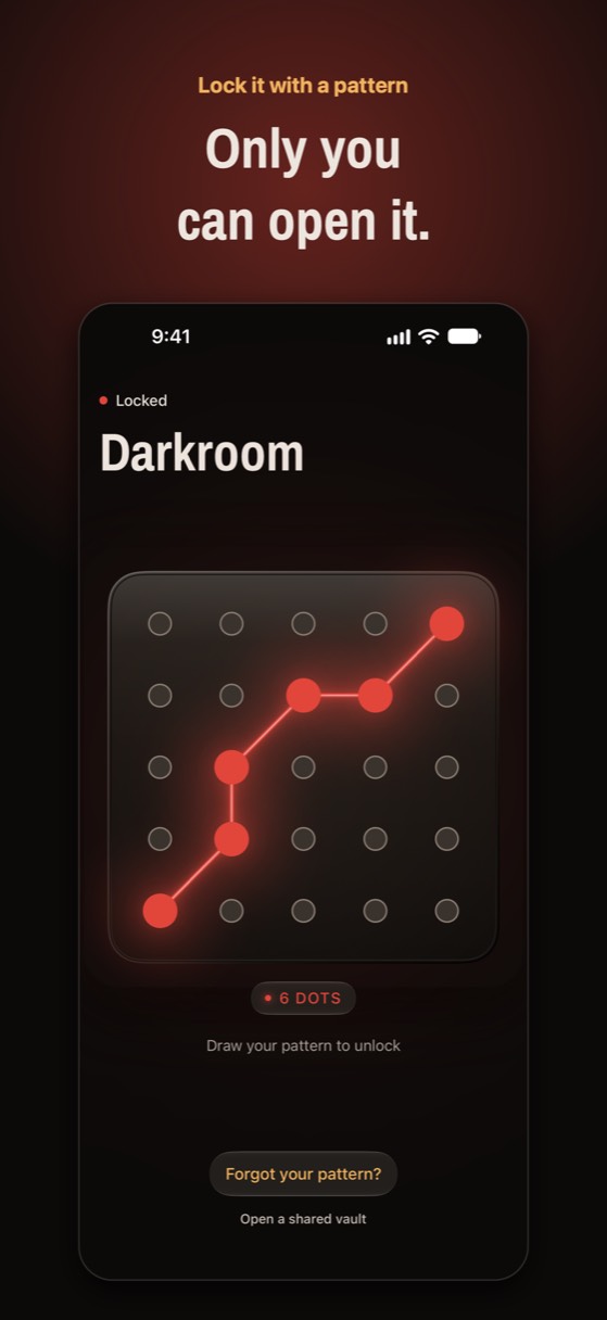 Noxium's lock screen: the pattern is stretched with Argon2id into the key that opens the vault