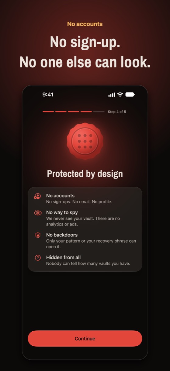 Noxium's promises screen: no sign-up, no account, no one else can look