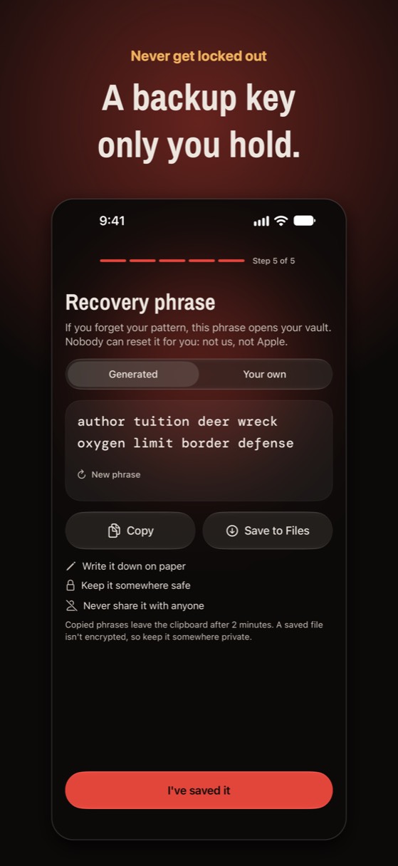 Noxium's recovery phrase screen: a backup key only you hold